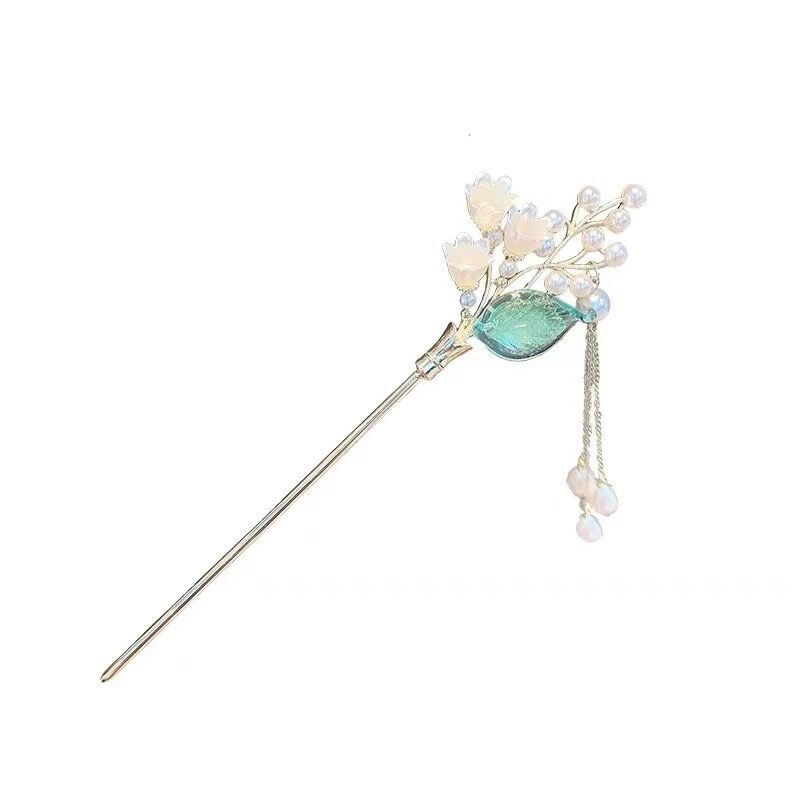 Exquisite Golden Hair Chopstick with Tulip Flowers & Green Leave Dangling Pearls