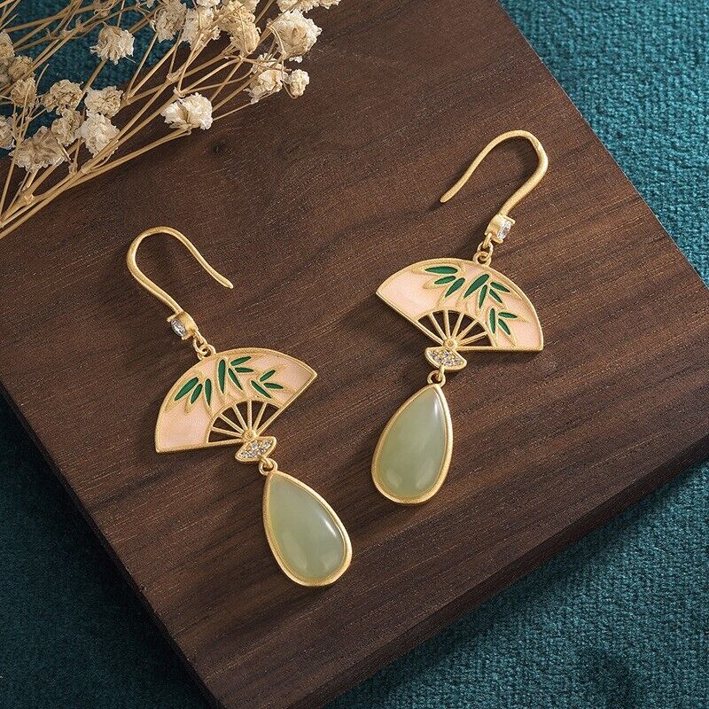 Chinese Style Gold-plated Cloisonne Palace Fan Earrings with Vintage Hetian Jade