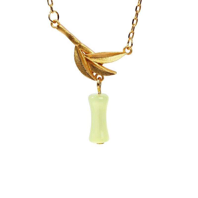 New Chinese Retro Bamboo Faux Green Jade Gold Plated Leaves Pendant Necklace