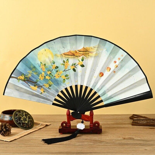 New Chinese Japanese Double Sided Moon Palace Cloth Wooden Hand Fan ccfan202