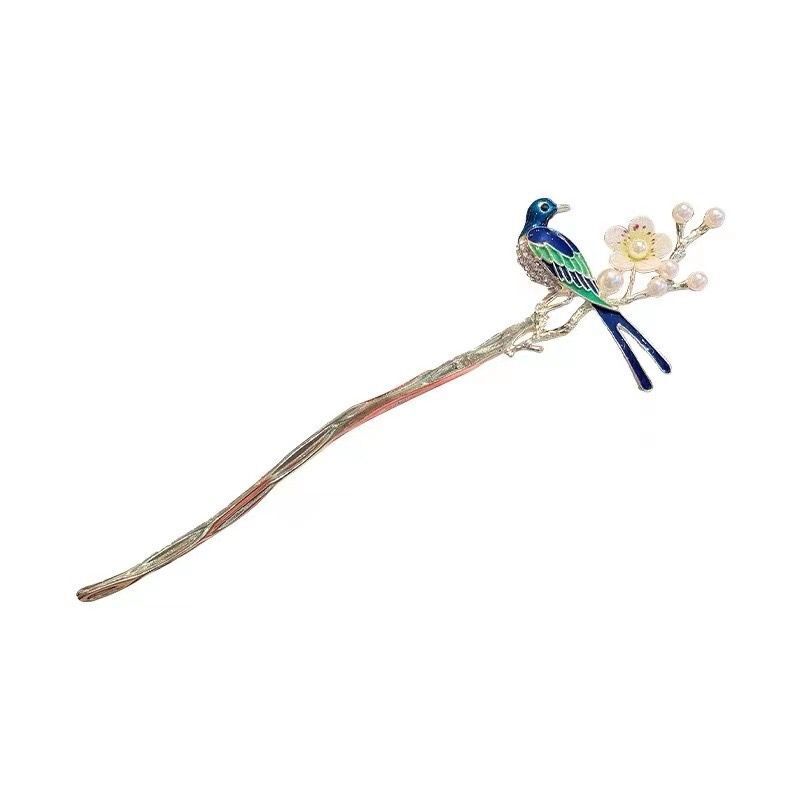 Exquisite Golden Hair Chopstick with Blue Enamel Magpie and Pink Cherry Blossom