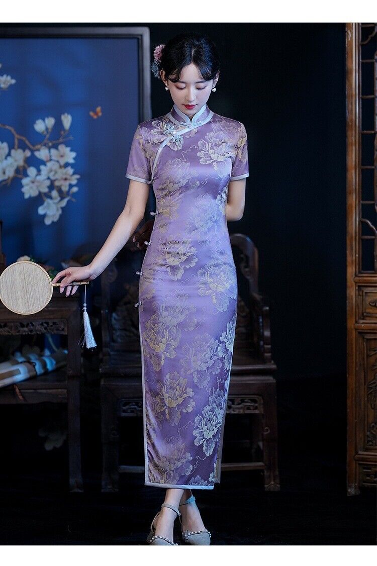 Acetate Satin Violet Jacquard Chinese Style Qipao Elegant Flying Flower Buckle