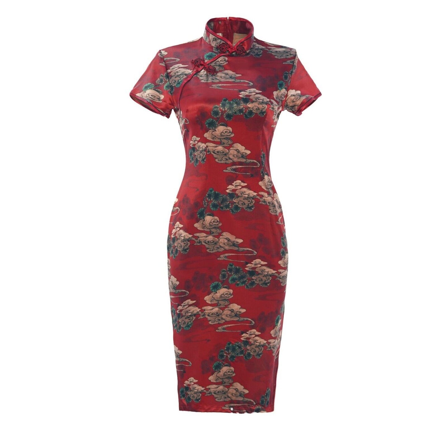 Ladies Red Chinese Heaven Clouds & Pine Tree Prints Short Dress Cheongsam Qipao