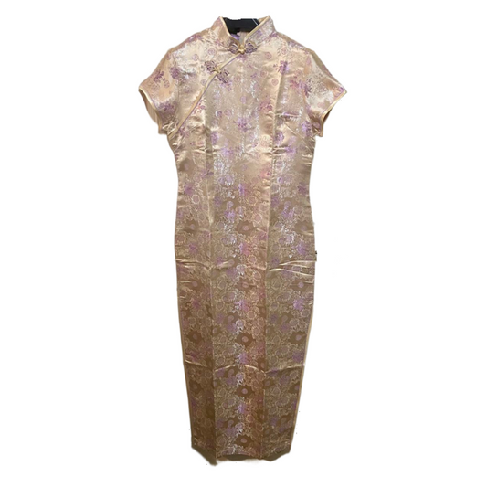 New Luxurious Gold with Purple Floral Prints Chinese Long Dress Cheongsam Qipao