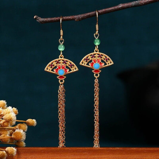 New Chinese Regal Fan-Shaped Tassel Earrings with Turquoise and Coral Beads