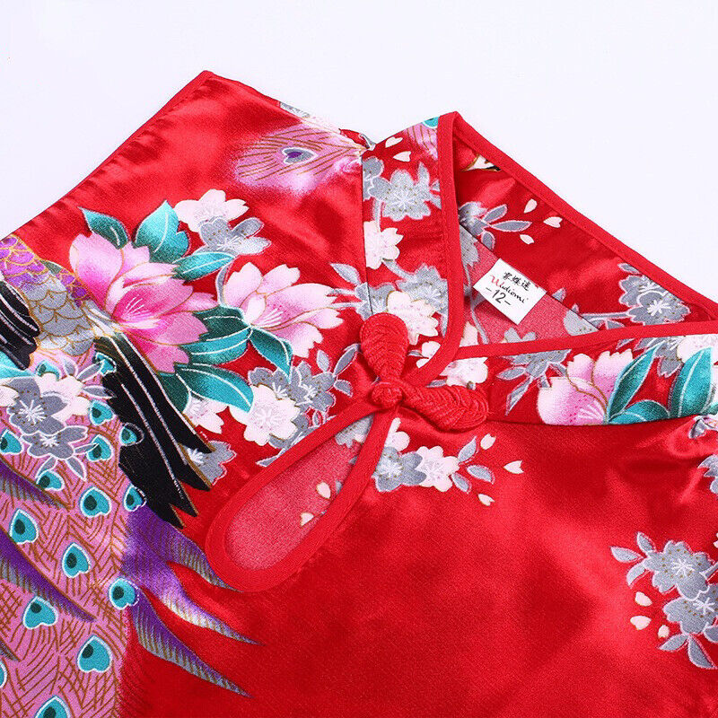 Chinese Childrens Girls China Red Oriental Peacock Qipao Cheongsam Dress gcd11