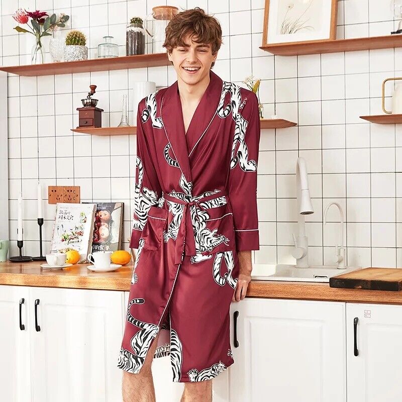 New Mens Chinese Japanese Oriental Red Tigers Bathrobe Gown and Shorts