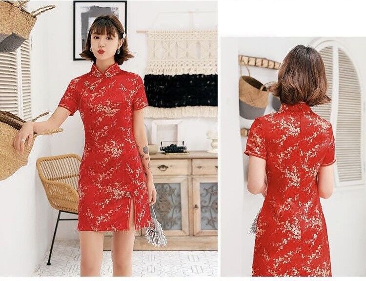 New Luxurious Satin Chinese Red Blossom Short Dress Cheongsam Qipao lcdress140