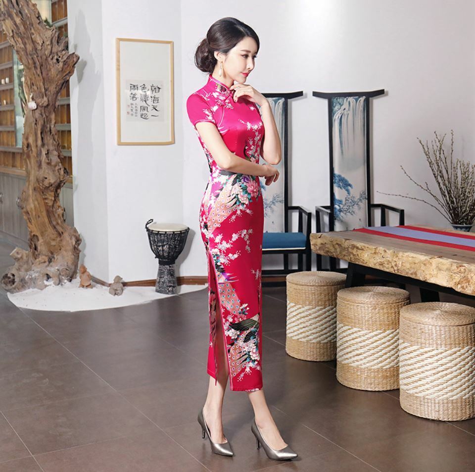 New Luxurious Pink Satin Phoenix Chinese Long Dress Cheongsam Qipao lcdress70