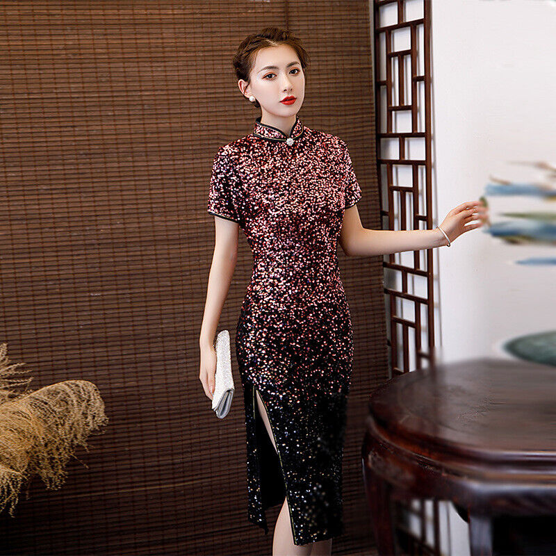 Luxurious Chinese Purple And Gold Sequin Short Cheongsam Qipao Dress