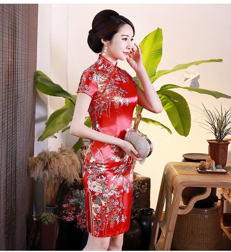 New China Red Satin Floral Prints Chinese Asian Short Cheongsam Qipao Dress