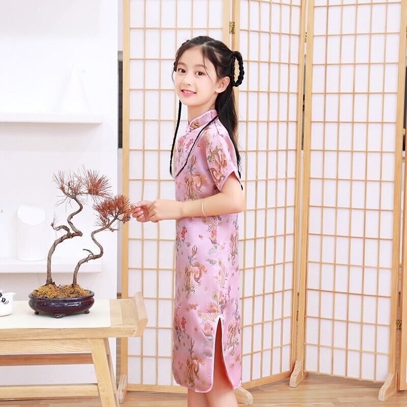 Chinese Asian Pink Childrens Girls Gold Dragons Satin Qipao Cheongsam Dress