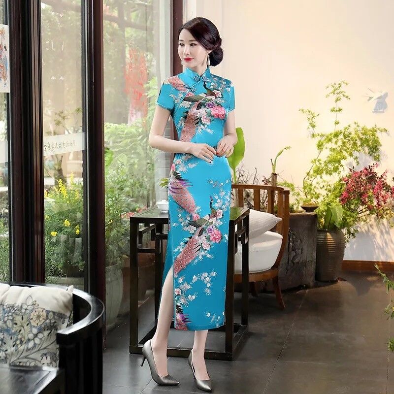 New Luxurious Blue Satin Phoenix Chinese Long Dress Cheongsam Qipao lcdress51