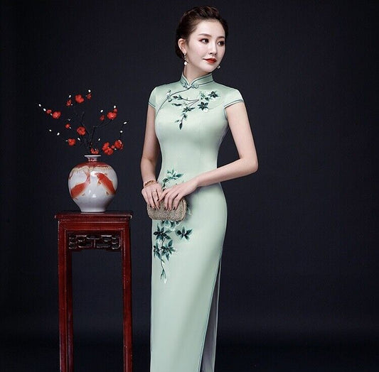 New Luxurious Chinese Satin Willow Green Floral Long Cheongsam Qipao Dress