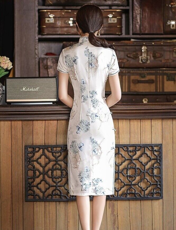 New Chinese White Blue Blossom Floral Prints Satin Short Cheongsam Qipao Dress