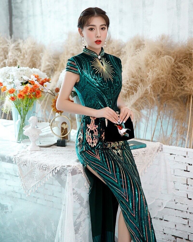 Luxurious Chinese Emerald Green and Gold Sequin Long Dress Cheongsam Qipao