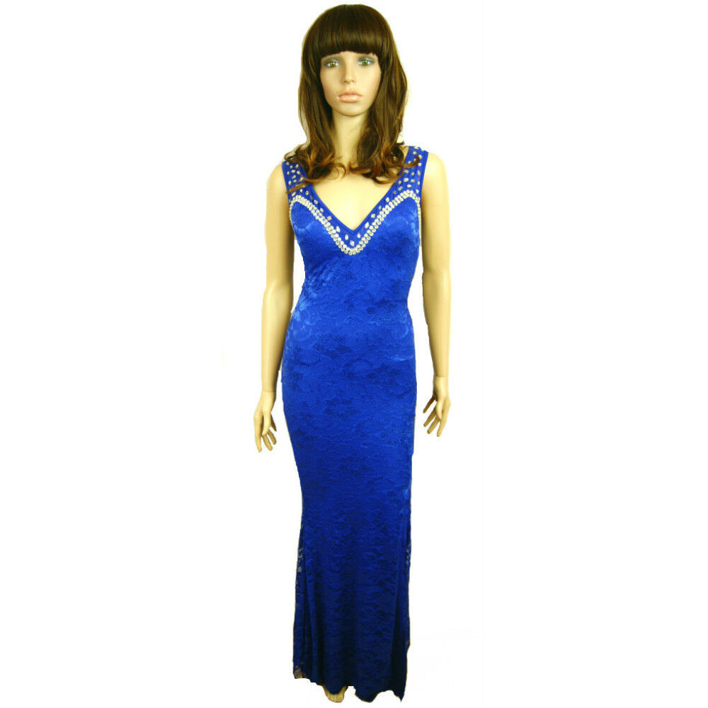 New Gorgeous Ladies Womens Blue Diamond Studs Metallic Floral Long Evening Dress