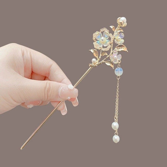 New Exquisite Golden Hair Chopstick Rainbow Glass Flowers and Dangling  Pearls