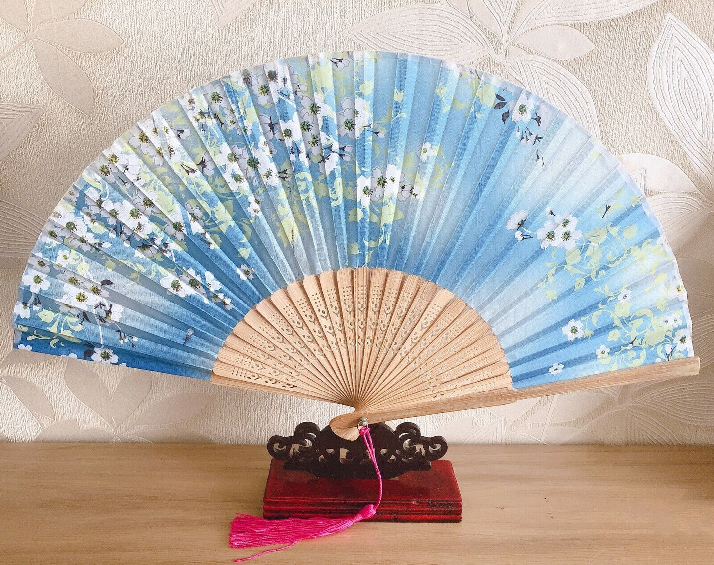 New Chinese Japanese Oriental Summer Sky Blue with Flowers Wood Hand Fan ccfan90