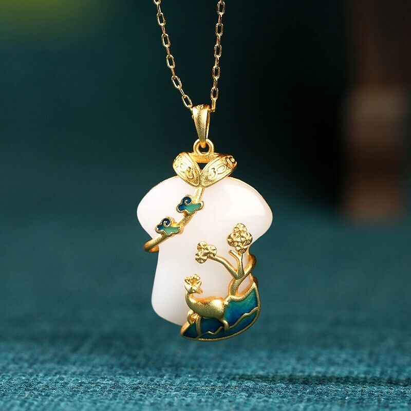 Chinese Qipao Shaped Jade Gold-Plated Pendant Deer & Tree Blue Enamel Decor