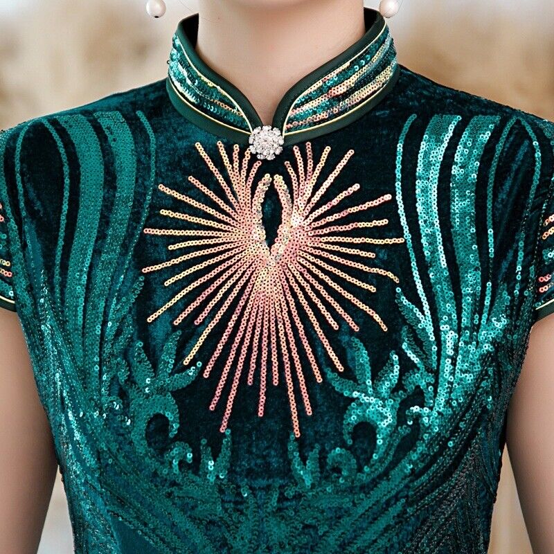 Luxurious Chinese Emerald Green and Gold Sequin Long Dress Cheongsam Qipao