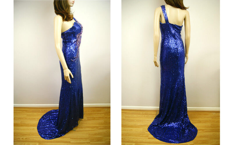 New Gorgeous Ladies Blue Diamond Studs Metallic Floral Long Evening Tail Dress