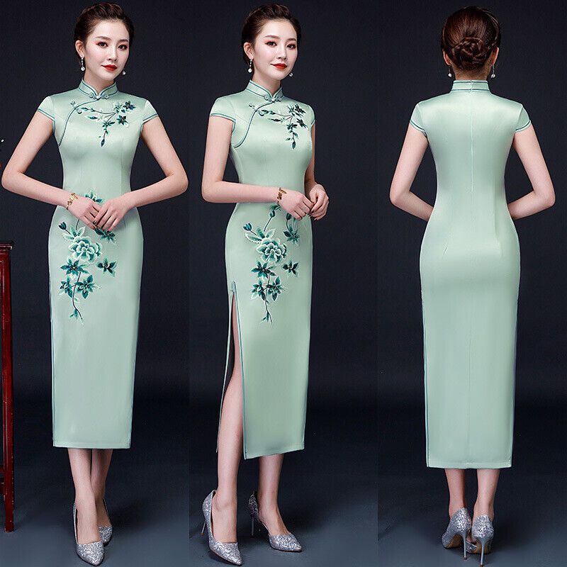 New Luxurious Chinese Satin Willow Green Floral Long Cheongsam Qipao Dress