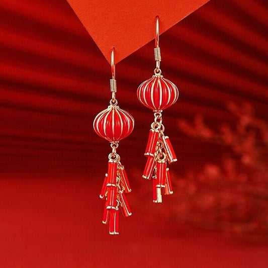 New Ladies Chinese Lucky Red Lantern and Fire Crackers Golden Dangle Earrings