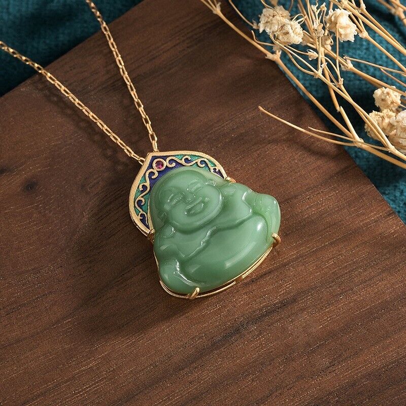 New Chinese Jade Laughing Buddha Enamel Halo Gold Plated Chain Buddhism Necklace