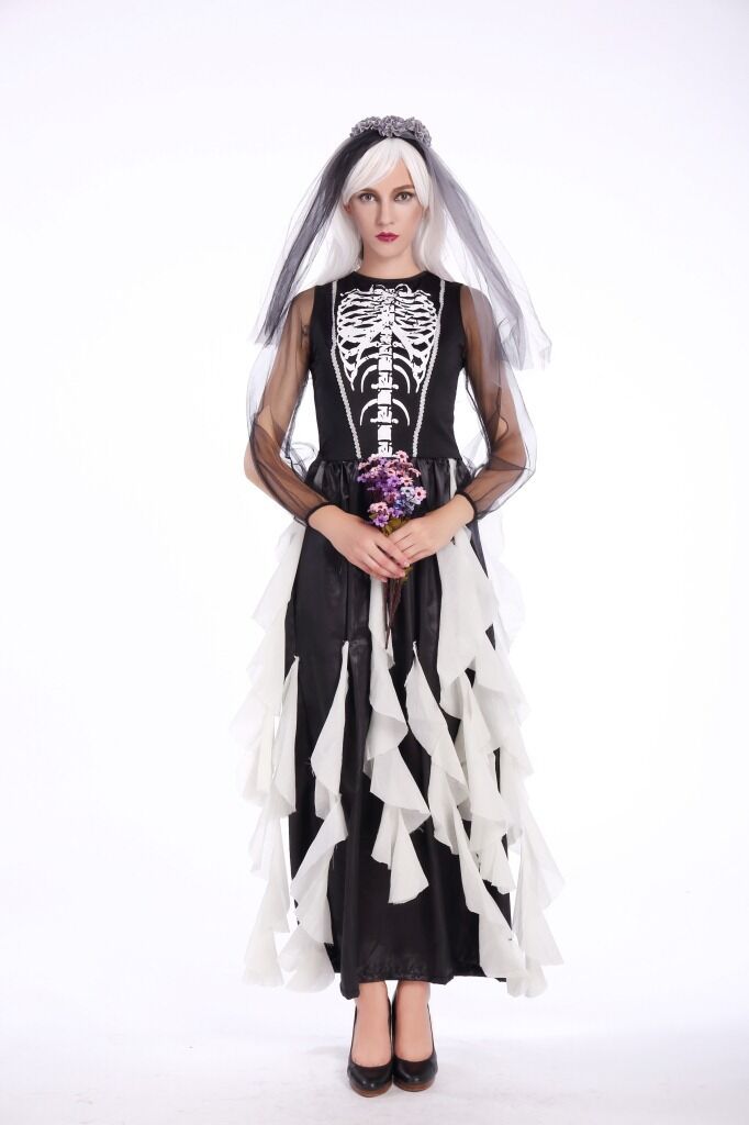 Ladies Ghost Bride Black Wedding Halloween Costume Fancy Dress Party ladcos42