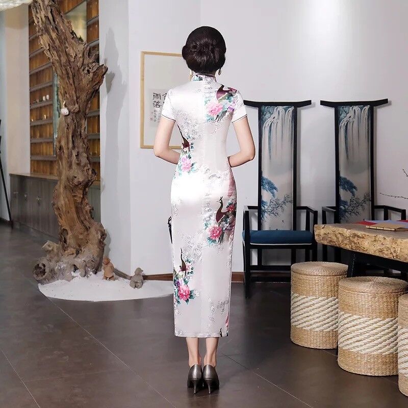 New Luxurious White Satin Phoenix Chinese Long Dress Cheongsam Qipao lcdress52