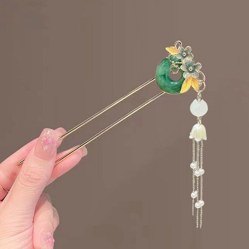 New Exquisite Golden Hair Pin With Round Floral Green Jade and Dangling  Pearls