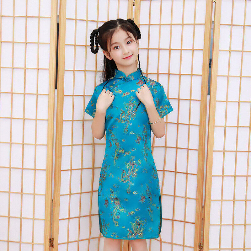 Chinese Japanese Asian Childrens Blue Girls Gold Dragons Qipao Cheongsam Dress