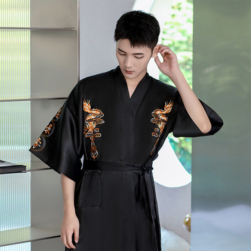 New Mens Royal Black Satin Chinese Dragons Bathrobe Gown mrobe22