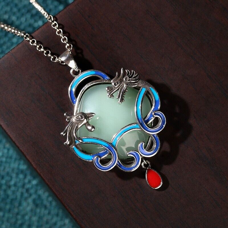 Chinese Retro Silver Plated Dragon & Phoenix Enamel Jade Peace Pendant Necklace