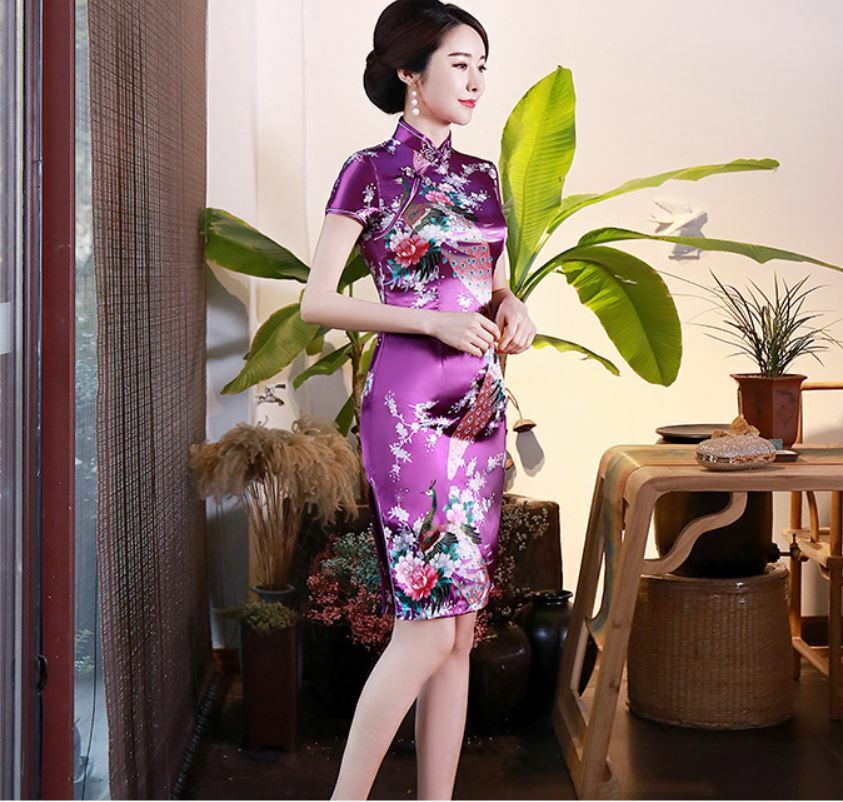 New Luxurious Purple Satin Phoenix Chinese Short Dress Cheongsam Qipao lcdress78