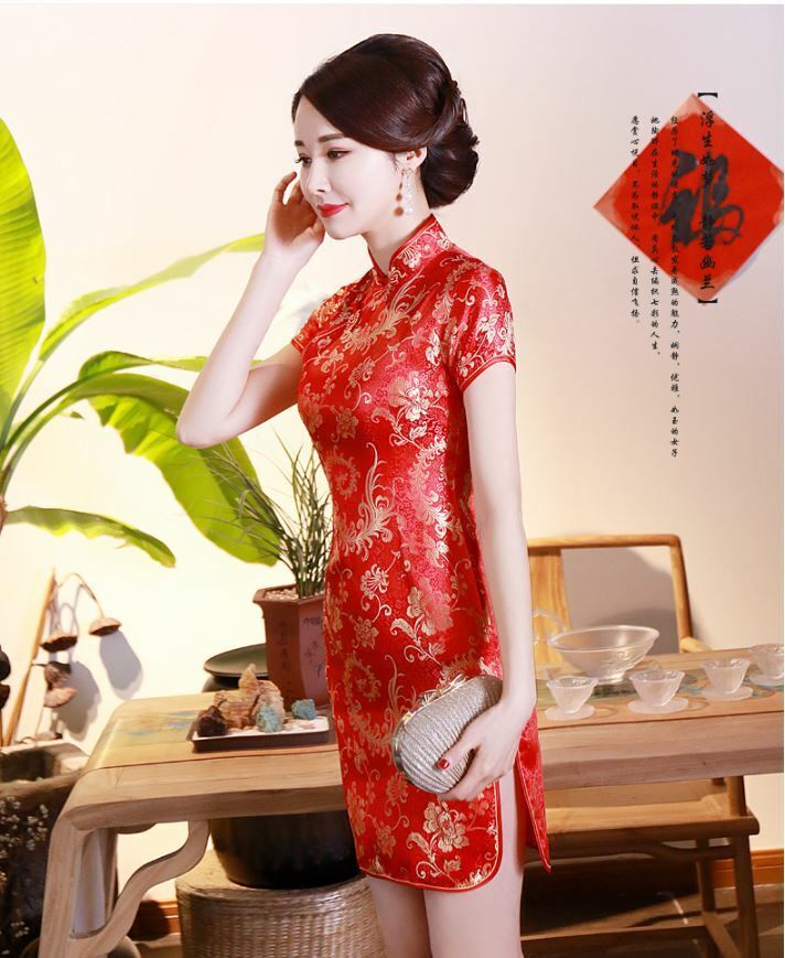 New Luxurious Red Satin Chinese Floral Short Dress Cheongsam Qipao lcdress82