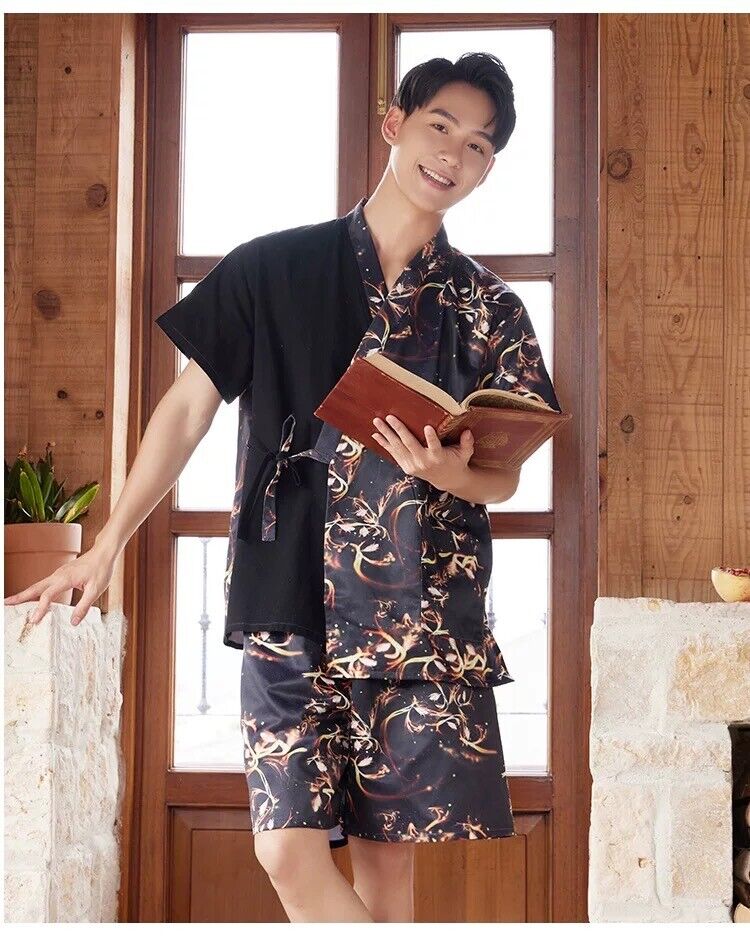 Chinese Japanese Mens Black Fire Flowers Shorts Kimono Pyjamas Pajamas menpjs58