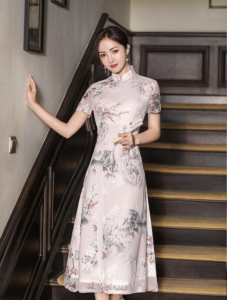 Ladies Light Pink Chinese Water Paint Floral Prints Long Dress Cheongsam Qipao