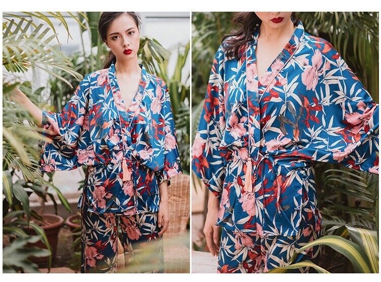 New Ladies Royal Blue Summer Flowers Kimono Top and Trousers Pyjamas ladpj277