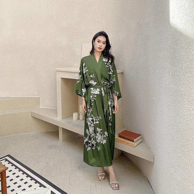 Elegant Ladies Moss Green Floral Chinese Japanese Kimono Long Nightgown Bathrobe