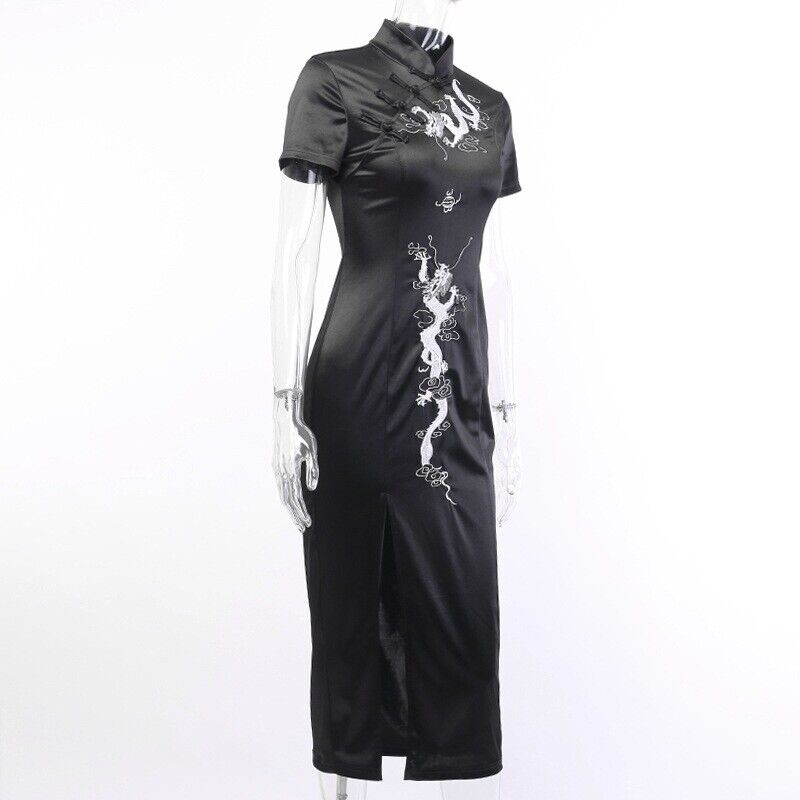 Luxurious Chinese Black Satin Long Dragon Cheongsam Qipao Dress lcdress155