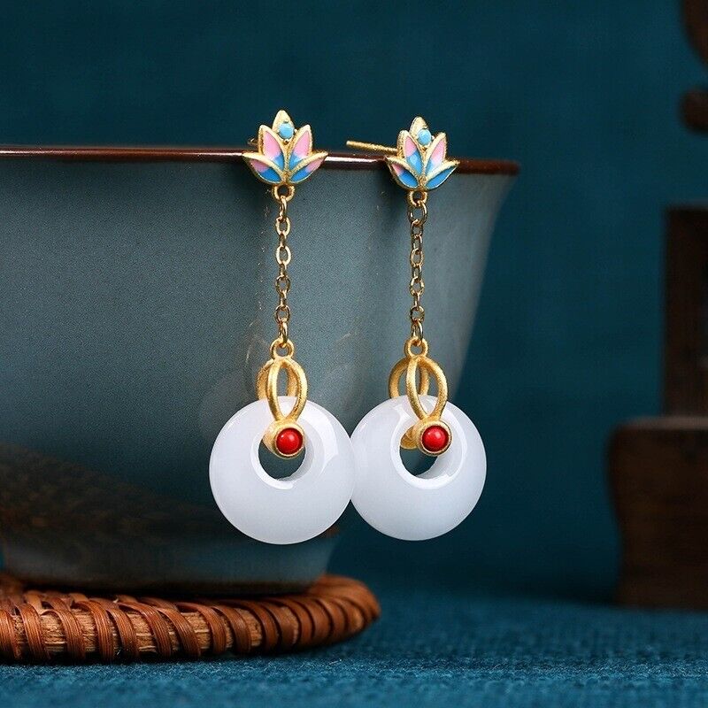 New Chinese Lotus Bloom Enamel Earrings with Jade Discs and Coral Bead Detail