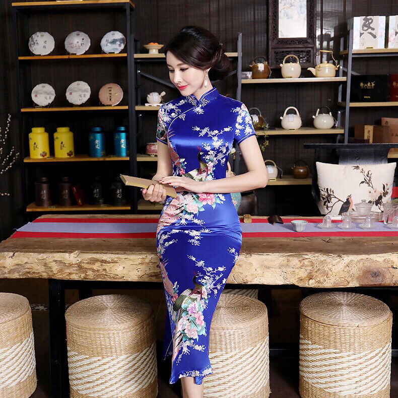 New Luxurious Blue Satin Phoenix Chinese Long Dress Cheongsam Qipao lcdress61