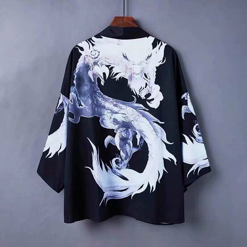 Womens Ladies Chinese Japanese Oriental Black Kimono White Dragon Top ltop26