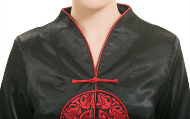 Traditional Chinese Oriental Black Satin Red Lucky Pattern Top Cheongsam lctop2