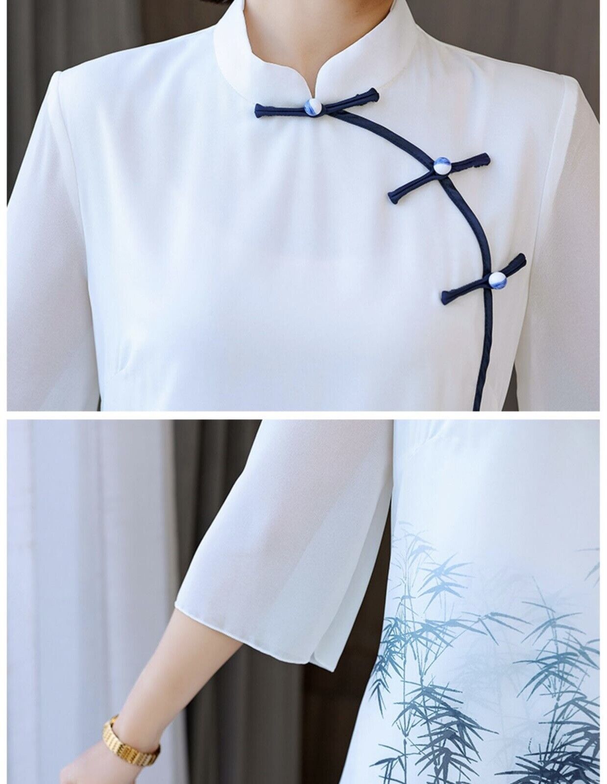 New Ao Dai Style Chinese Scenery Prints White Chiffon Long Cheongsam Qipao Dress