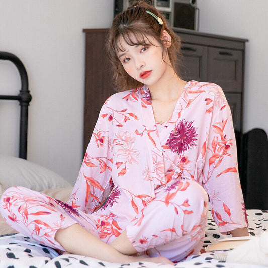 Black Chinese Japanese Pink Cotton Floral Long Ladies Kimono Pyjamas