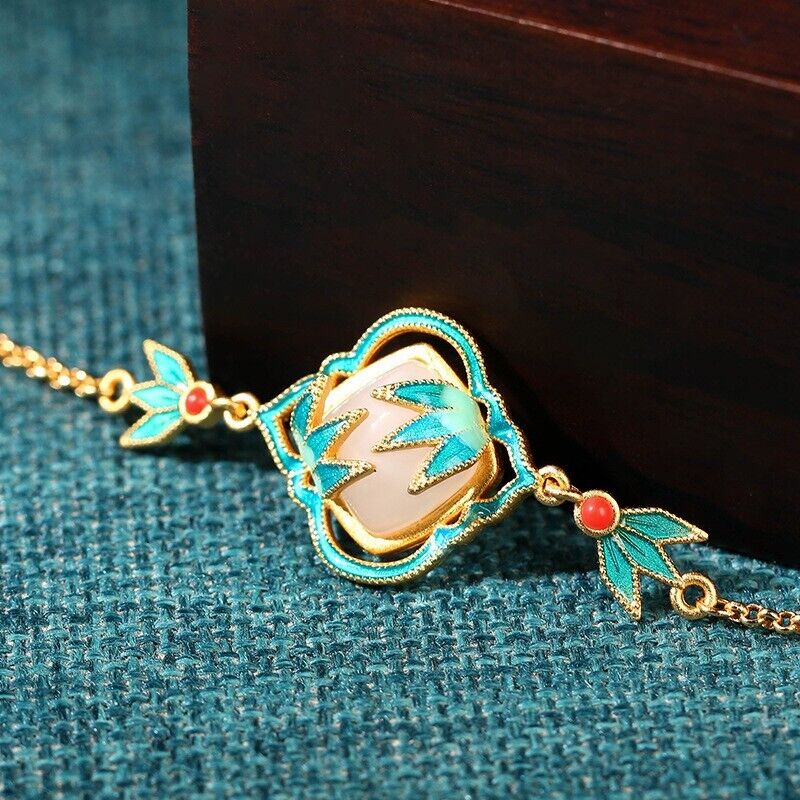 Gold Plated Bracelet Inlaid With Jade and Bamboo Peace Motif & Cloisonné Enamel