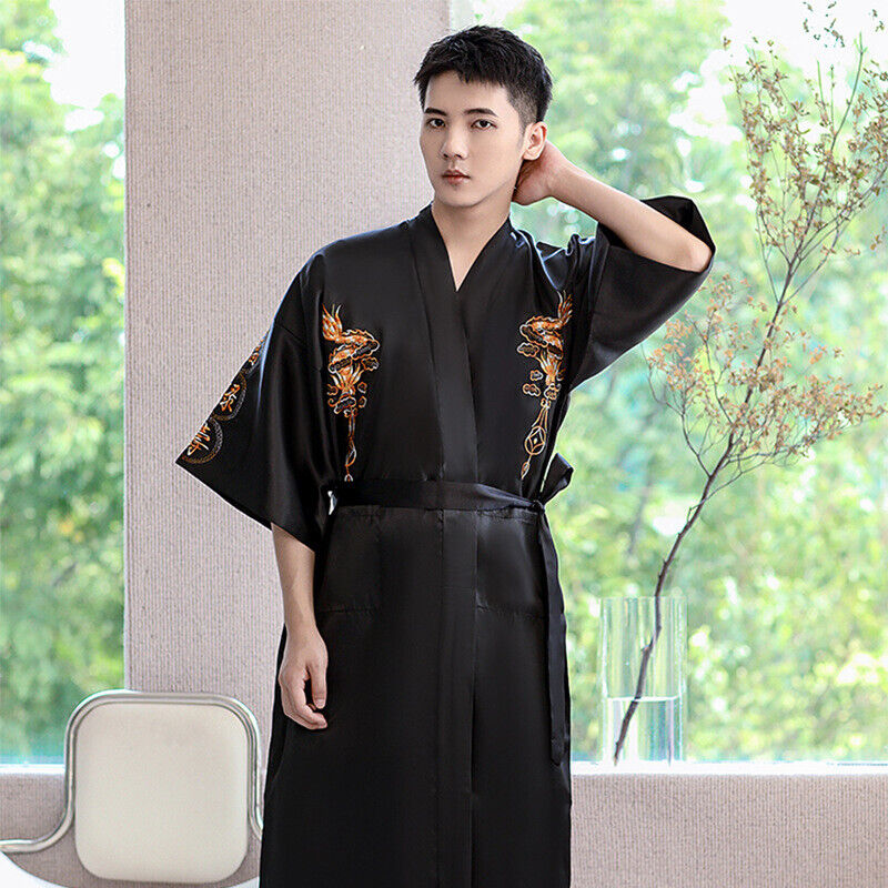 New Mens Royal Black Satin Chinese Dragons Bathrobe Gown mrobe22